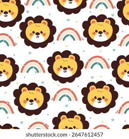 bonito desenho de mão desenhando leão de desenho com arco-íris padrão sem costura. bonito padrão animal em fundo branco para papel de embrulho de presente e papel de parede