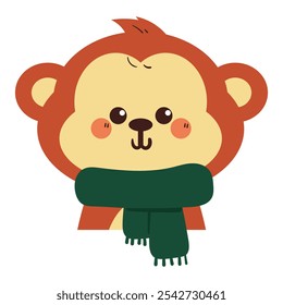 cute hand drawing cartoon monkey with green scarf. cute animal drawing for winter sticker, icon