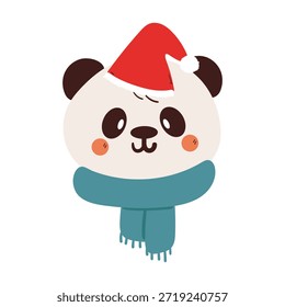Lindo dibujo a mano de dibujos animados cabeza de panda con sombrero de Santa y bufanda azul para el invierno y Navidades pegatina