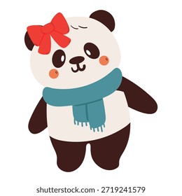 Lindo dibujo a mano de dibujos animados panda con arco rojo y bufanda azul para la etiqueta engomada de invierno