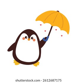 cute hand drawing cartoon penguin with yellow umbrella. cute animal drawing for kids sticker, doodle
