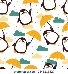 desenho de mão bonito pinguim de desenho animado com guarda-chuva amarelo e nuvens azuis padrão sem costura. padrão animal bonito no fundo branco para papel de embrulho de presente e papel de parede