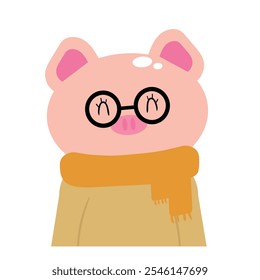 Cute hand drawing cartoon pig with yellow scarf. cute animal drawing for winter sticker, icon