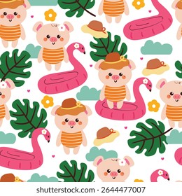 cute hand drawing cartoon pig with summer vibes seamless pattern. cute animal pattern in white background for gift warp paper and wallpaper