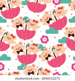 bonito desenho da mão porco desenho dentro de guarda-chuva rosa com elemento do céu padrão sem costura. bonito padrão animal em fundo branco para papel de embrulho de presente e papel de parede