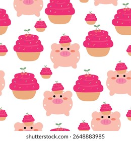 Desenho de mão bonito desenho desenhos animados piggy e cupcakes cereja sem costura padrão. padrão de sobremesa bonito em fundo branco para papel de embrulho de presente e papel de parede