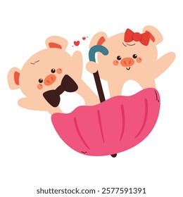 cute hand drawing cartoon pigs playing with umbrella. animal drawing for sticker, doodle