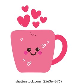 cute hand drawing cartoon pink cup with full of hearts. cute drawing for valentine sticker and icon