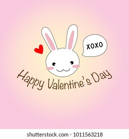 Cute hand drawing cartoon rabbit or bunny saying xoxo with mini red heart and Happy Valentine's day text on pastel pink color background vector and illustration 