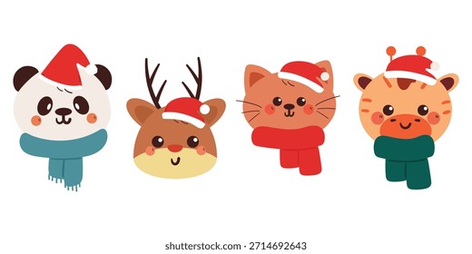 Lindo dibujo a mano conjunto de dibujos animados de animales para Navidades y pegatina de invierno