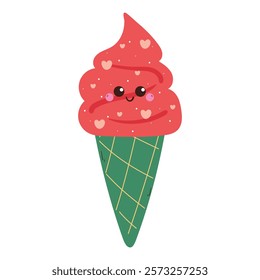 cute hand drawing cartoon strawberry ice cream character with hearts sprinkle on it. cute dessert cartoon sticker