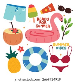 cute hand drawing cartoon summer element sticker set. cute summer drawing for sticker, icon