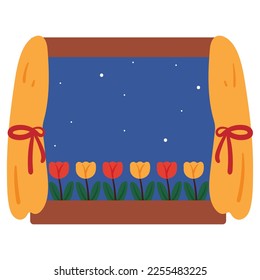 cute hand drawing cartoon window with yellow curtain, tulip flower, and beautiful night sky with lot of stars
