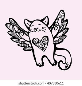 Cute hand drawing cat with wings. Vector illustration