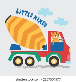 cute hand drawing cement mixer truck driving by a cartoon tiger