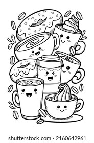 Dibujar tazas de café a mano con donuts al estilo de Doodle. Colorido de la página.