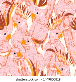 Cute Hand drawing doodle white  sketch pink cockatoo birds seamless pattern.  Vector art illustration.Design for fashion ,fabric,web,wallpaper and all prints on white background color