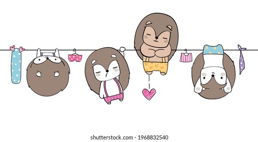 Cute hand drawing funny wild animal parade greeting card cartoon doodle wallpaper