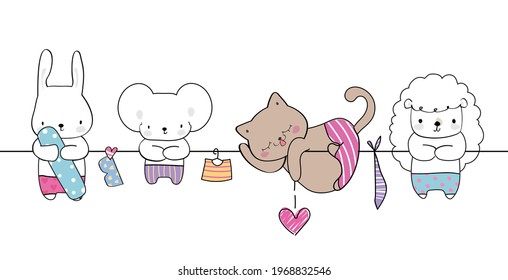 Dibujo a mano suave divertido desfile de animales salvajes tarjeta de saludo caricatura doodle fondo