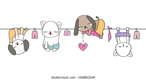 Dibujo a mano suave divertido desfile de animales salvajes tarjeta de saludo caricatura doodle fondo