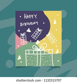 Cute hand drawing happy birthday card with some gift