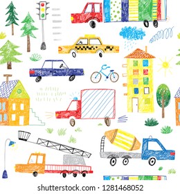 cute hand drawing kids cars and trucks doodle seamless pattern