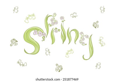 Cute hand drawing and lettering spring lily of the valley. Stylish floral card. Spring background in pastel colors. vector illustration.