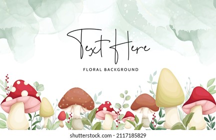 cute hand drawing mushroom and leaves floral background