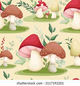 cute hand drawing mushroom and leaves seamless pattern design