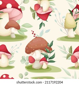 cute hand drawing mushroom and leaves seamless pattern design