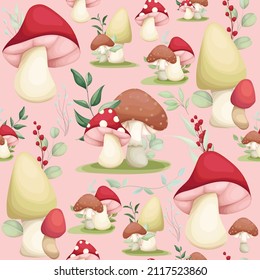 cute hand drawing mushroom and leaves seamless pattern design