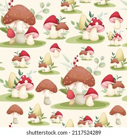 cute hand drawing mushroom and leaves seamless pattern design