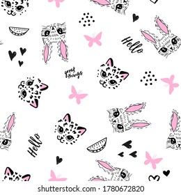 cute hand drawing pattern with cat and rabbit. seamless background for baby textiles, fashion, wrapping paper and more