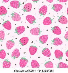 Cute hand drawing pink strawberry seamless pattern background, vector eps10 illustration.