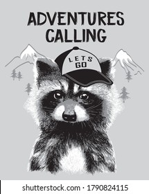 Cute  hand drawing raccoon with cap. Slogan adventures calling. Vector print for boys t shirt illustration.