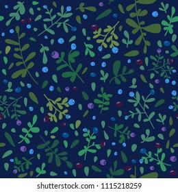 Cute hand drawing seamless blueberry pattern background. Summer vector forest inspiration illustration with berries and leaves.