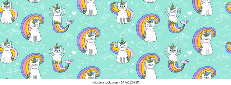 	
Cute hand drawing seamless pattern background kitty cat Cute Unicorn vector Icons on sweet mint pastel. Cute hipster pattern for children's cloth with unicorn cats