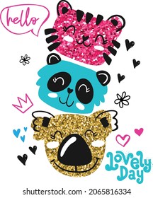 cute hand drawing typography print with animal face. Glitter print for baby textiles, fashion, graphic tees and more