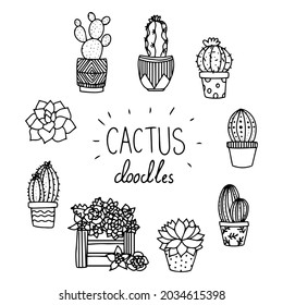 Cute hand drawing vector cactus in pots. set. vector illustration cacti