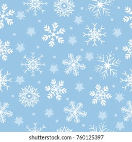 Cute hand drawing vector and illustration of snowflakes and star in seamless pattern on light pastel blue color background for winter
