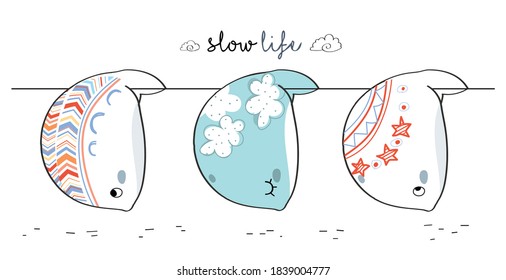 Cute hand drawing whale family greeting cartoon doodle