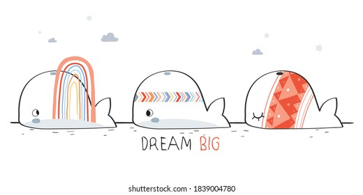 Cute hand drawing whale family greeting cartoon doodle