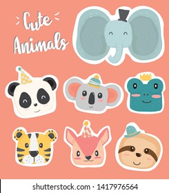 cute hand drawing wild animal head clip art icon in pastel color collection flat vector elephant, panda, koala, frog, sloth, squrrel, tiger