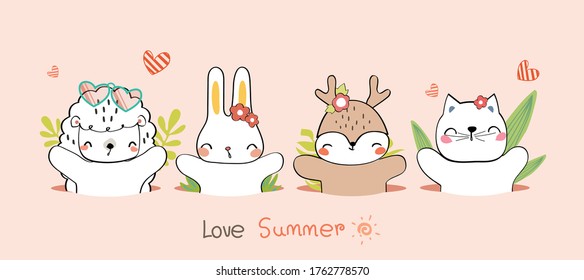Cute hand drawing wild animal family greeting cartoon doodle wallpaper