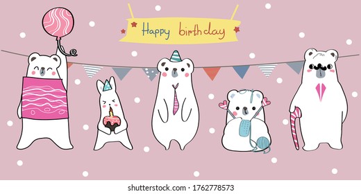 Cute hand drawing wild animal family in birthday party greeting cartoon doodle wallpaper