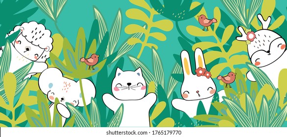 Cute hand drawing wild animal family greeting cartoon doodle wallpaper in summer fashion