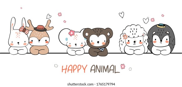 Cute hand drawing wild animal family greeting cartoon doodle wallpaper in summer fashion