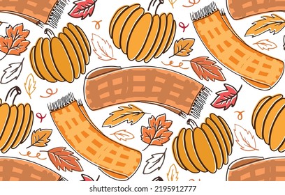 Cute hand drawm doodle flat pattern background with fall autumn