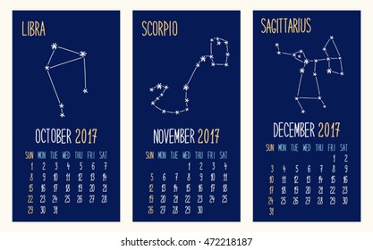 Cute hand drawn 2017 wall calendar pages as schematic zodiac constellations with hand written text