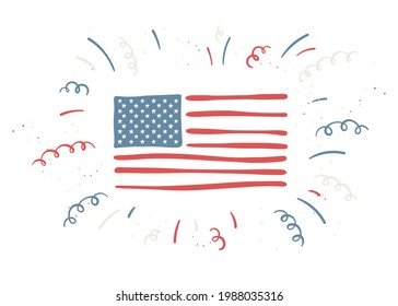 Diseño a mano suave dibujado el 4 de julio, doodles encantadores, estupendos para invitaciones, banners, fondos de pantalla, imagen de portada - diseño vectorial